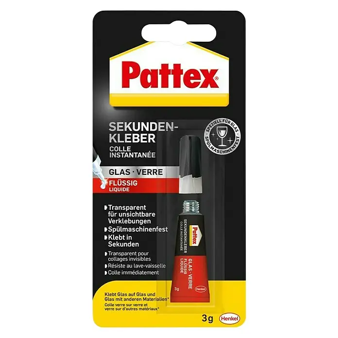 Pattex Sekundenkleber Glas - 3 g, Tube, Flüssig - Vorderansicht