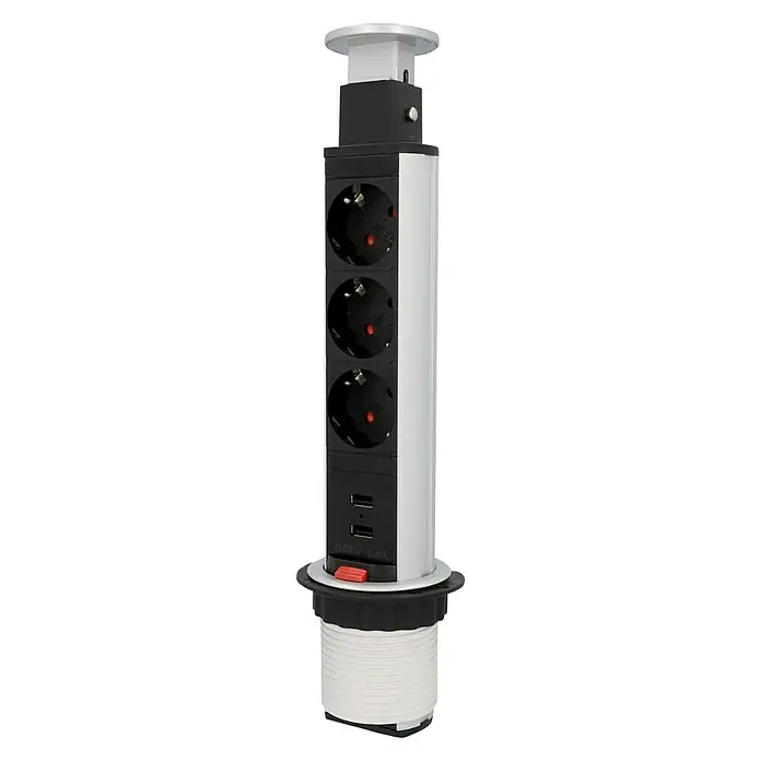 UniTEC Steckdosensäule - Versenkbar, 3-fach, 2 USB-Anschlüsse, Silber/Schwarz - Diagonale Ansicht