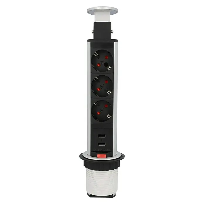 UniTEC Steckdosensäule - Versenkbar, 3-fach, 2 USB-Anschlüsse, Silber/Schwarz - Vorderansicht