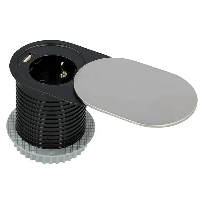 UniTEC Einbausteckdose - Anzahl Steckdosen Schuko: 1 Stk., USB-Anschluss, Schwarz/Silber, Kabellänge: 1,5 m - Diagonale Ansicht