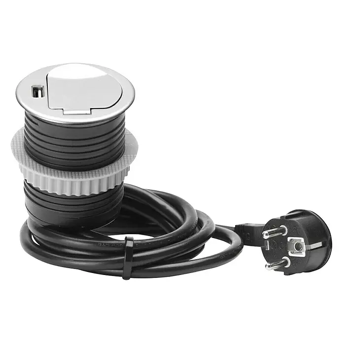 UniTEC Einbausteckdose mit Klappdeckel - Anzahl Steckdosen Schuko: 1 Stk., USB-Anschluss, Schwarz/Silber, Kabellänge: 1,5 m - Vorderansicht