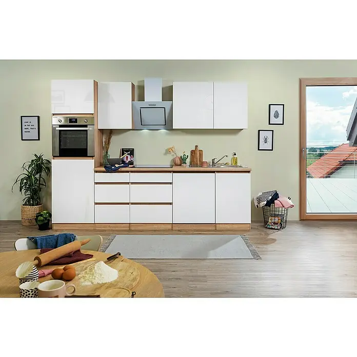 Respekta Premium Küchenzeile GLRP280HESW - Breite: 280 cm, Mit Elektrogeräten, Weiß Hochglanz - Stimmungsaufnahme