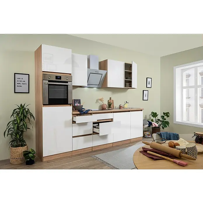 Respekta Premium Küchenzeile GLRP280HESW - Breite: 280 cm, Mit Elektrogeräten, Weiß Hochglanz - Stimmungsaufnahme