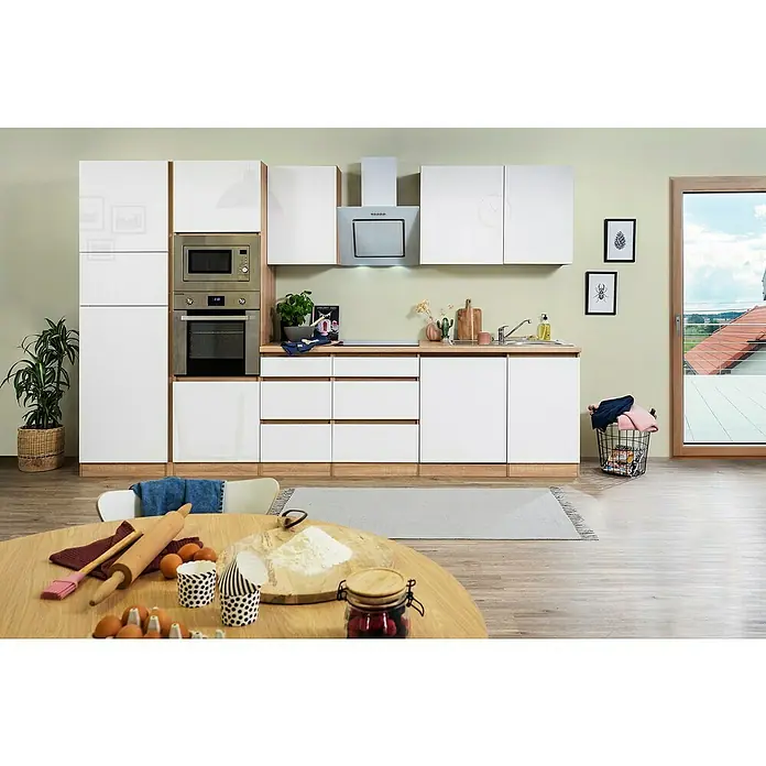 Respekta Premium Küchenzeile GLRP345HESWGKE - Breite: 345 cm, Mit Elektrogeräten, Weiß Hochglanz - Stimmungsaufnahme