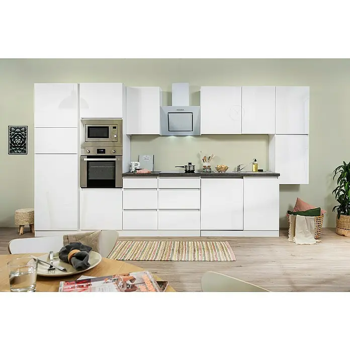 Respekta Premium Küchenzeile GLRP395HWWGKE - Breite: 395 cm, Mit Elektrogeräten, Weiß Hochglanz - Stimmungsaufnahme