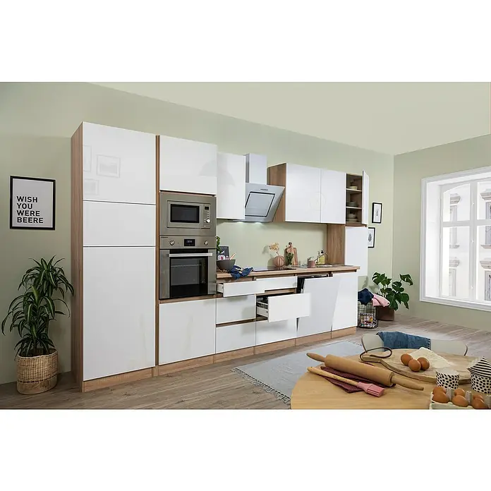 Respekta Premium Küchenzeile GLRP395HESWGKE - Breite: 395 cm, Mit Elektrogeräten, Weiß Hochglanz - Stimmungsaufnahme