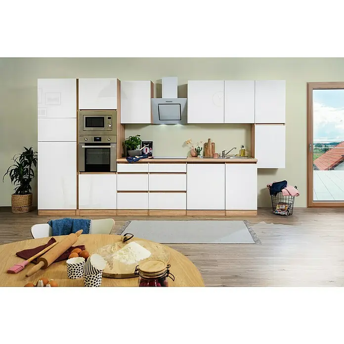 Respekta Premium Küchenzeile GLRP395HESWGKE - Breite: 395 cm, Mit Elektrogeräten, Weiß Hochglanz - Stimmungsaufnahme