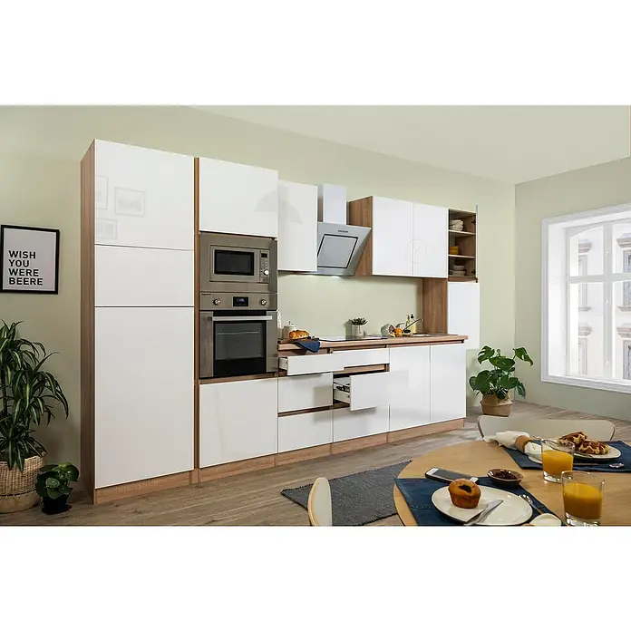 Respekta Premium Küchenzeile GLRP385HESWGKE - Breite: 385 cm, Mit Elektrogeräten, Weiß Hochglanz - Stimmungsaufnahme