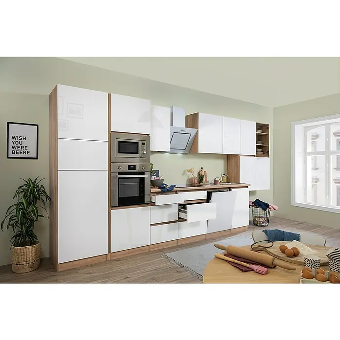 Respekta Premium Küchenzeile GLRP445HESWGKE - Breite: 445 cm, Mit Elektrogeräten, Weiß Hochglanz - Stimmungsaufnahme