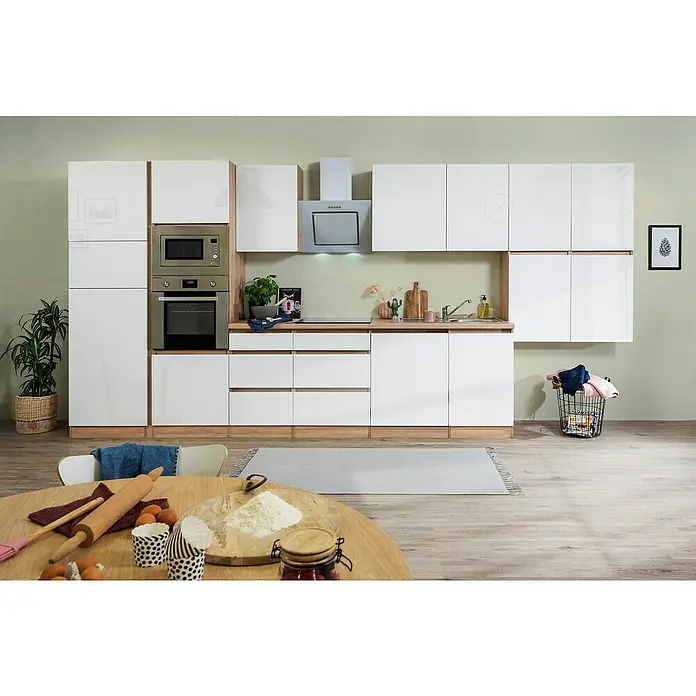 Respekta Premium Küchenzeile GLRP445HESWGKE - Breite: 445 cm, Mit Elektrogeräten, Weiß Hochglanz - Stimmungsaufnahme