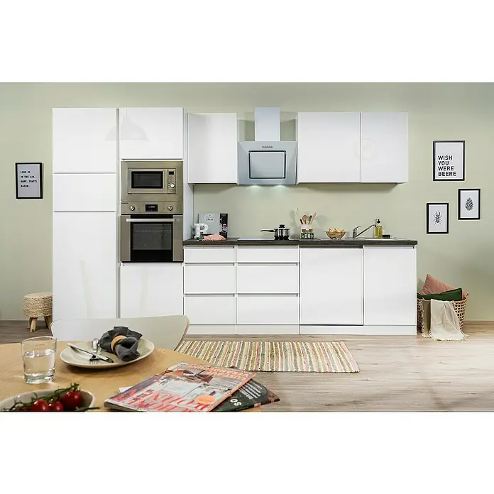 Respekta Premium Küchenzeile GLRP345HWWGKE - Breite: 345 cm, Mit Elektrogeräten, Weiß Hochglanz - Stimmungsaufnahme