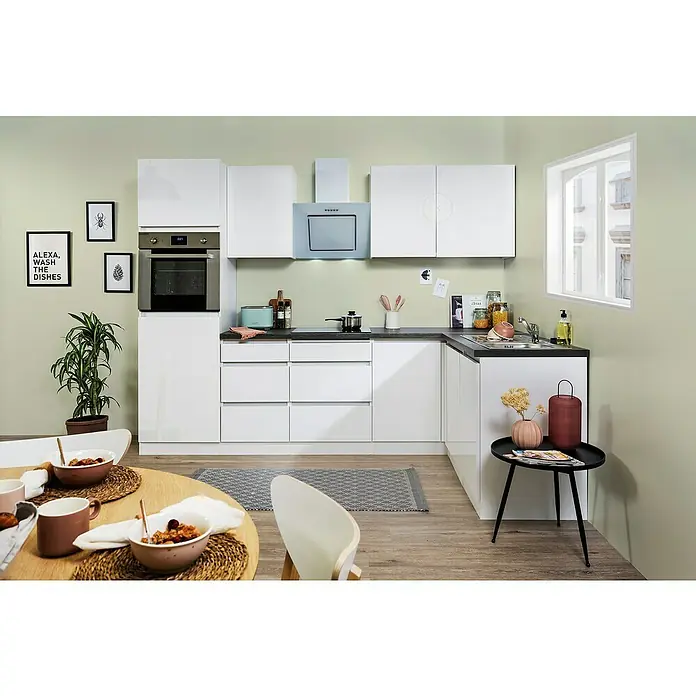 Respekta Premium Winkelküche GLRPL280HWW - 280 x 172 cm, Mit Elektrogeräten, Weiß Hochglanz - Stimmungsaufnahme