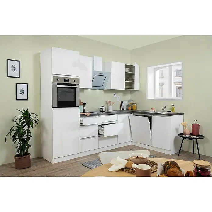 Respekta Premium Winkelküche GLRPL280HWW - 280 x 172 cm, Mit Elektrogeräten, Weiß Hochglanz - Stimmungsaufnahme