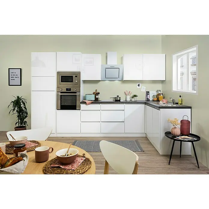 Respekta Premium Winkelküche GLRPL345HWWGKE - 345 x 172 cm, Mit Elektrogeräten, Weiß Hochglanz - Stimmungsaufnahme