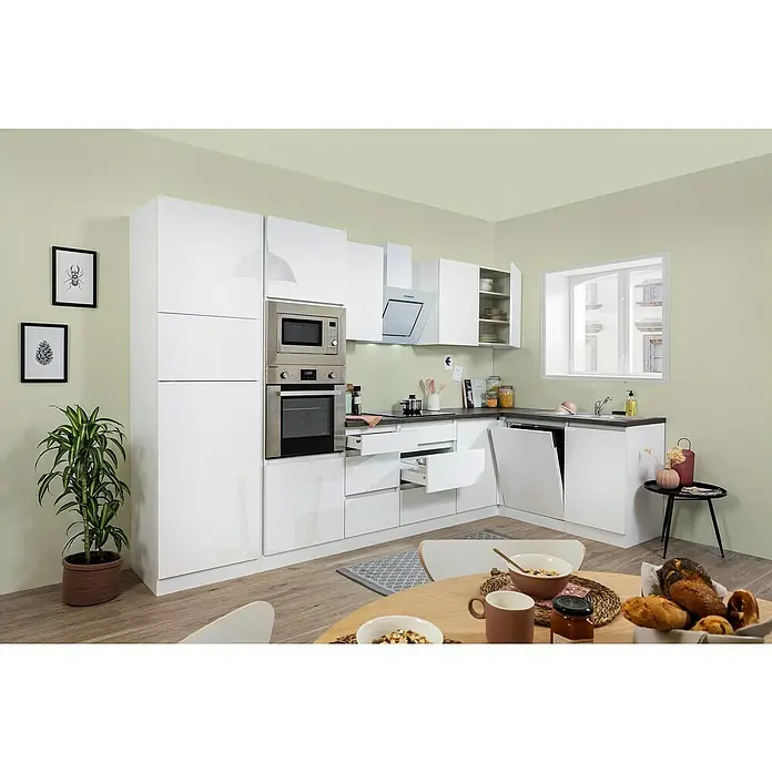 Respekta Premium Winkelküche GLRPL345HWWGKE - 345 x 172 cm, Mit Elektrogeräten, Weiß Hochglanz - Stimmungsaufnahme