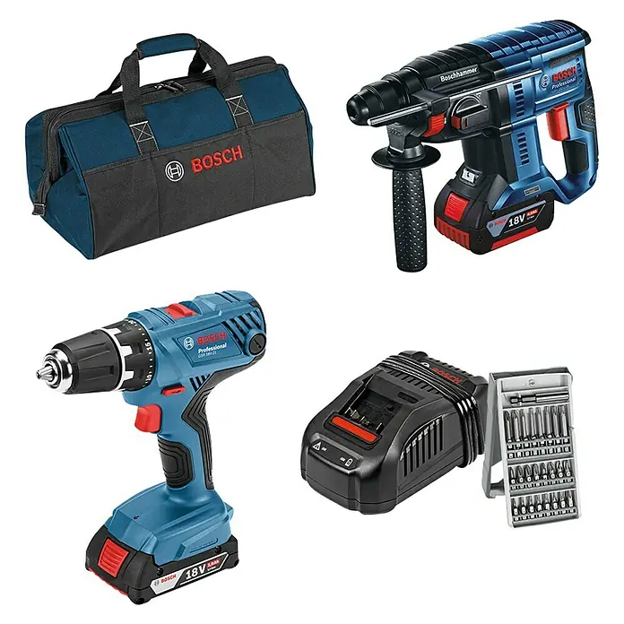 Bosch Professional Maschinen-Set GSR 18V-21 & GBH 18V-21 - 18 V, 2 Akkus, 7 -tlg. - Diagonale Ansicht