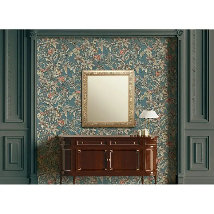 Dutch Wallcoverings Vliesbehang Bird of Paradise Blauw - Blauw, Gebloemd, 10,05 x 0,53 m - Sfeeropname