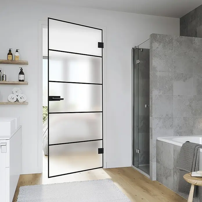 Diamond Doors Black Edition Glasdrehtür Lines - 834 x 1.972 mm, DIN Rechts, Mattglas - Stimmungsaufnahme
