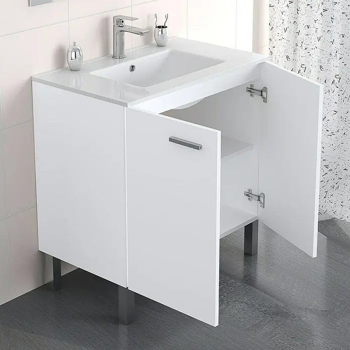 Mueble de lavabo Fran - 46 x 80 x 85 cm, Blanco seda, Mate - Foto ambiente