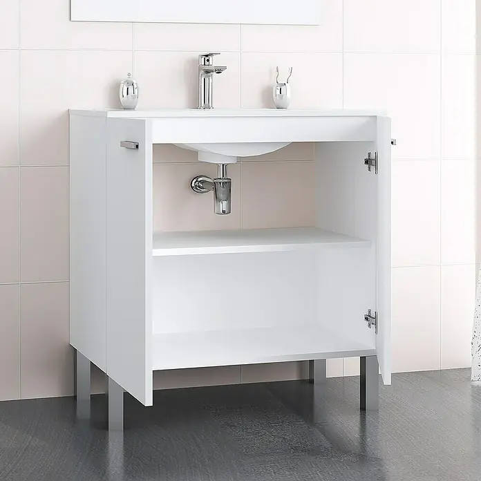 Mueble de lavabo Fran - 46 x 80 x 85 cm, Blanco seda, Mate - Foto ambiente