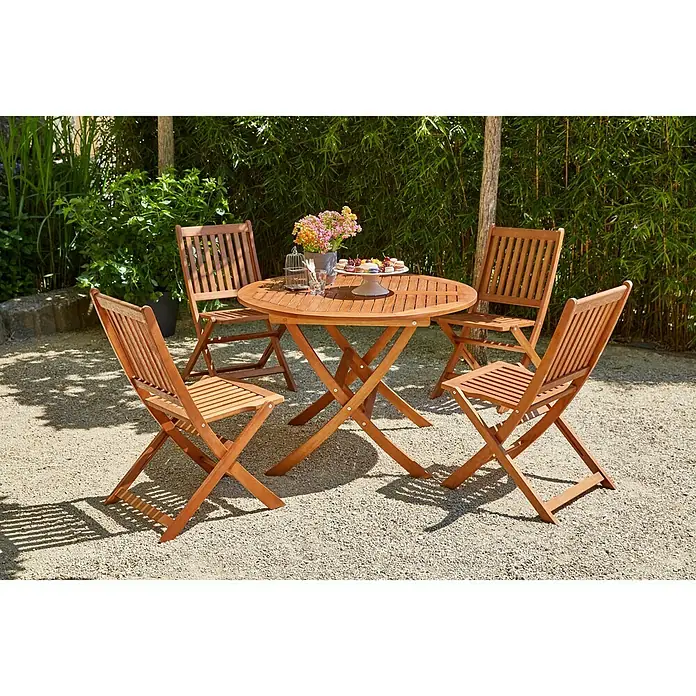 Sunfun Gartentisch rund - Ø x H: 107 x 75 cm, Naturbraun, Klappbar - Stimmungsaufnahme