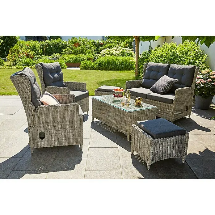 Sunfun Pauline Sillón de jardín - An x Pr x Al: 64 x 81 x 101 cm, Ratán sintético, Gris bambú, Respaldo regulable - Foto ambiente