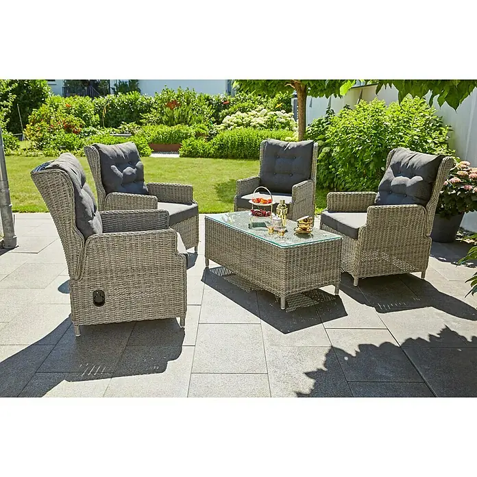 Sunfun Pauline Sillón de jardín - An x Pr x Al: 64 x 81 x 101 cm, Ratán sintético, Gris bambú, Respaldo regulable - Foto ambiente