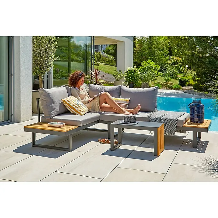 Sunfun Tatjana Garten-Beistelltisch - L x B x H: 39 x 35 x 70 cm, Anthrazit, Natur - Stimmungsaufnahme