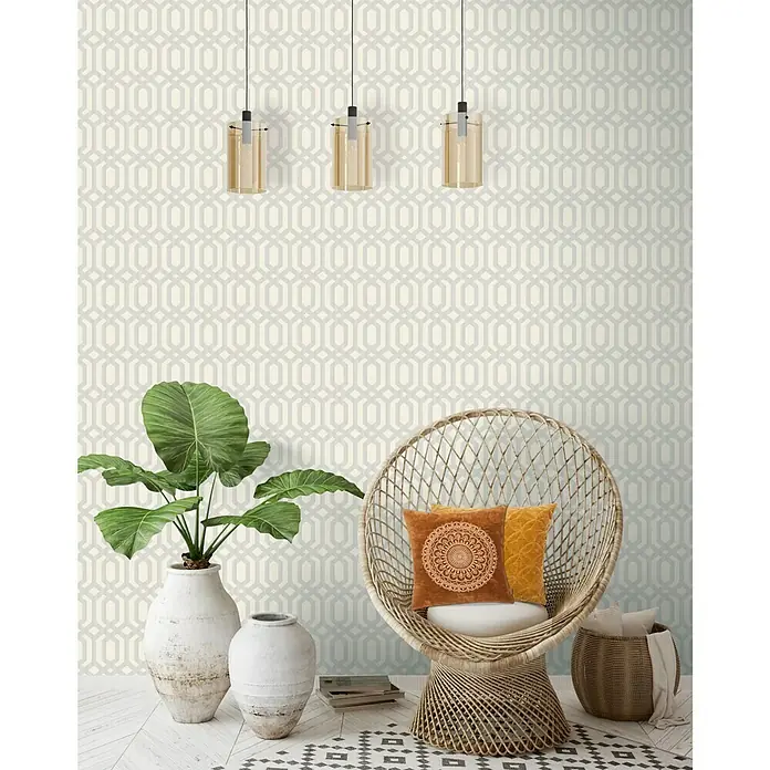 Dutch Wallcoverings Vliesbehang Myriad Kerala Trelliwit/Zilver - Wit/Zilver, Motief, 10,05 x 0,53 m - Sfeeropname