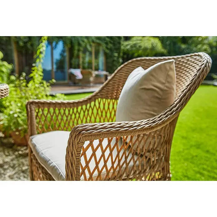 Sunfun Vrtna fotelja Sophie - Š x D x V: 64 x 65,5 x 87,5 cm, Plastično pletivo, Bež boje, Karamela, Mogu se slagati jedni na druge - Živopisni prikaz