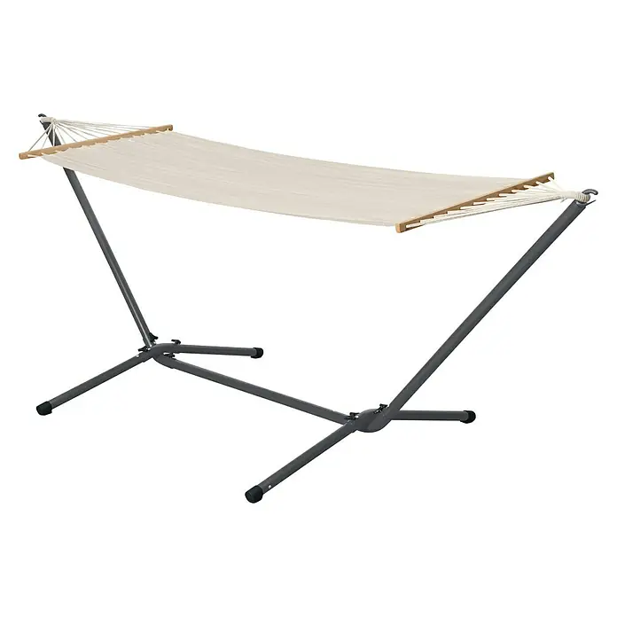 Hängematte mit Gestell - Beige, Länge Liegefläche: 200 cm, Breite Liegefläche: 100 cm - Diagonale Ansicht