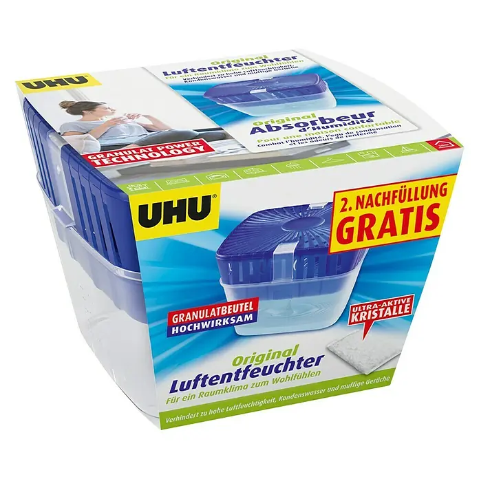 UHU Luftentfeuchter Originalpack +2. Nachfüllung gratis - 1 x Luftentfeuchter 450 g, 1 x Gratis-Nachfüllung 450 g - Diagonale Ansicht