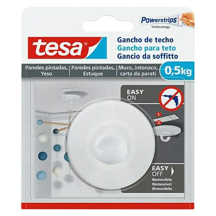 Tesa Gancho autoadhesivo de techo - Apto para: Papel pintado, Carga soportada: 0,5 kg, Blanco, 2 uds. - Vista frontal