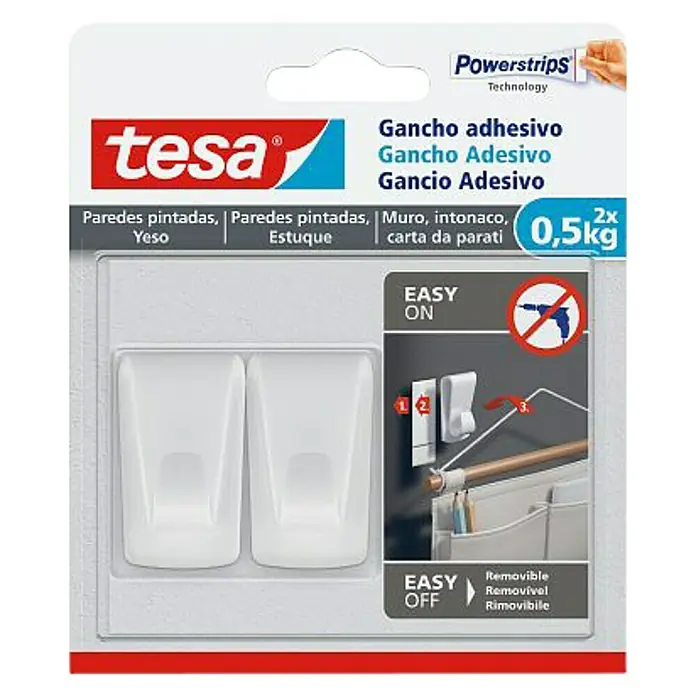 Tesa Gancho autoadhesivo - Apto para: Papel pintado, Carga soportada: 0,5 kg, Blanco, 2 uds. - Vista frontal