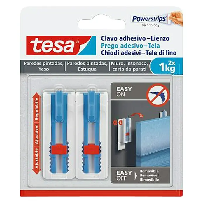 Tesa Clavo adhesivo Lienzo - Apto para: Paredes pintadas, Carga soportada: 1 kg, 2 uds., Blanco - Vista frontal