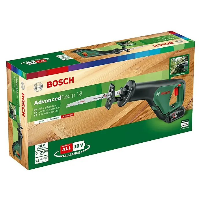 Bosch 18 V Power for All Akku-Säbelsäge AdvancedRecip 18 - 18 V, 1 Akku, 2 Ah, Leerlaufhubzahl: 0 - 3.100 Hübe/min - Vorderansicht