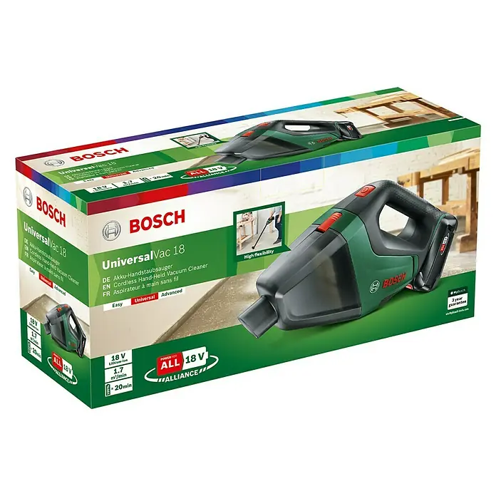 Bosch 18 V Power for All Akku-Handstaubsauger UniversalVac 18 - 18 V, 1 Akku, 2,5 Ah, Behältervolumen: 0,5 l - Vorderansicht