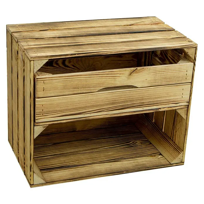 Holzkiste geflammt mit Schublade - 30 x 50 x 40 cm, Braun - Vorderansicht