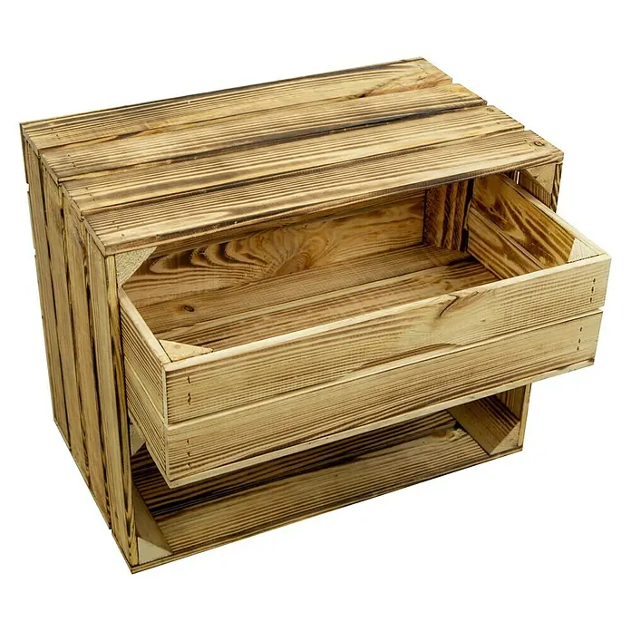 Holzkiste geflammt mit Schublade - 30 x 50 x 40 cm, Braun - Diagonale Ansicht