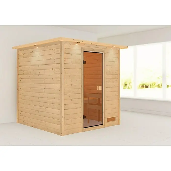 Karibu Massivholzsauna Jara - Ohne Ofen, Mit Dachkranz und Beleuchtung, Material Tür: Ganzglas Bronze, 209 x 223 x 191 cm - Stimmungsaufnahme
