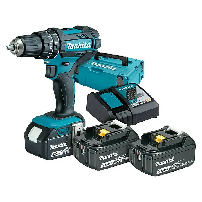 Makita Akku-Schlagbohrschrauber DHP482RF3J - 18 V, 3 Akkus, 3 Ah, Leerlaufdrehzahl: 0 U/min - 1.900 U/min - Diagonale Ansicht