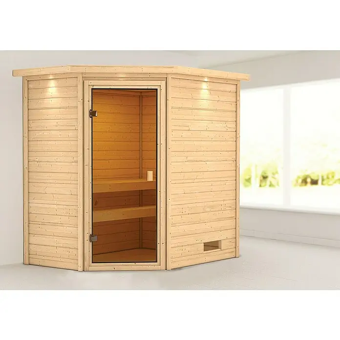 Karibu Massivholzsauna Jella - Ohne Ofen, Mit Dachkranz und Beleuchtung, Material Tür: Ganzglas Bronze, 159 x 223 x 191 cm - Stimmungsaufnahme