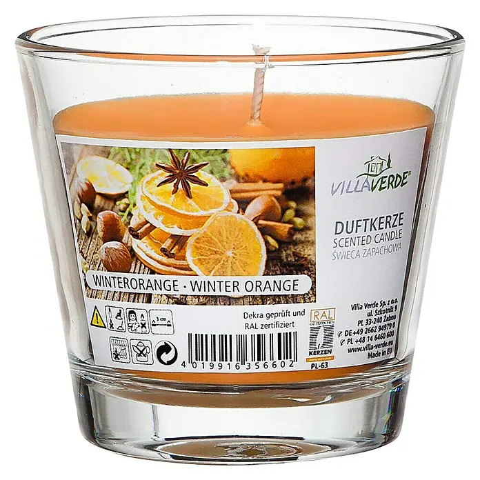 Duftkerze - Im Glas, Orange, Ø x H: 9 x 8 cm - Vorderansicht