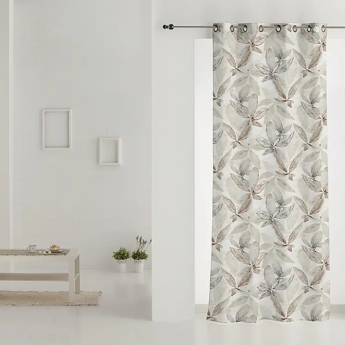 Cortina con ollaos Print Hoja - 140 x 260 cm, Algodón, Beige - Foto ambiente