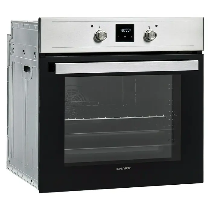 Sharp Einbaubackofen K-60DX19IM0-EU - Anzahl Beheizungsarten: 8 Stk., Volumen Backofen: 69 l, Silber/Schwarz - Diagonale Ansicht
