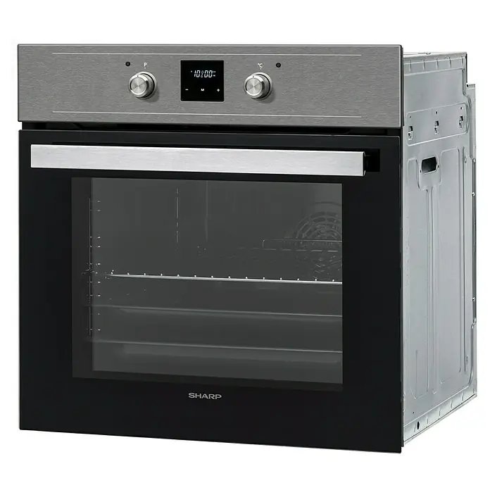 Sharp Einbaubackofen K-60DX19AM0-EU Black Steel - Anzahl Beheizungsarten: 8 Stk., Volumen Backofen: 69 l, Edelstahl/Schwarz - Diagonale Ansicht