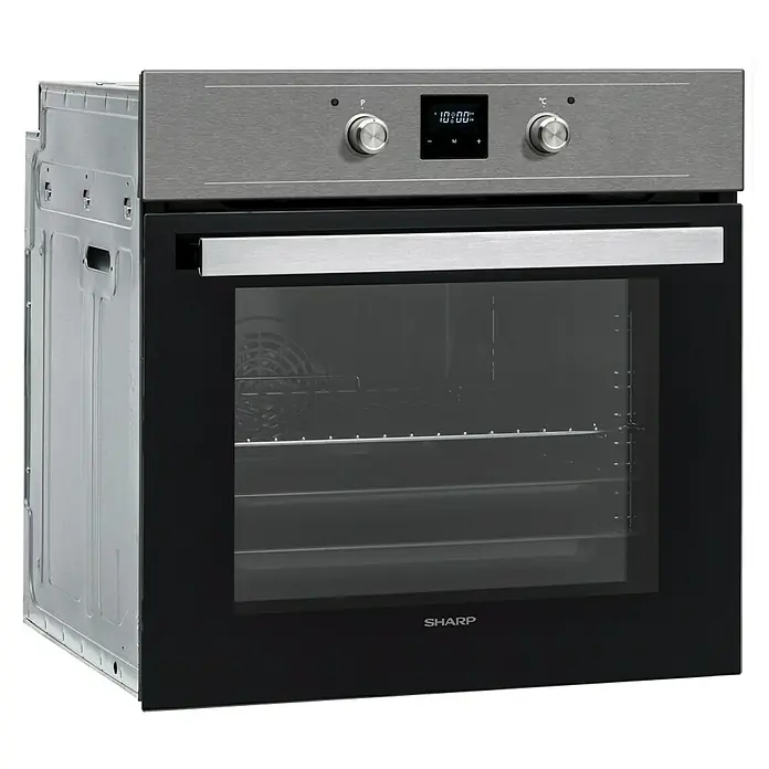 Sharp Einbaubackofen K-60DX19AM0-EU Black Steel - Anzahl Beheizungsarten: 8 Stk., Volumen Backofen: 69 l, Edelstahl/Schwarz - Diagonale Ansicht