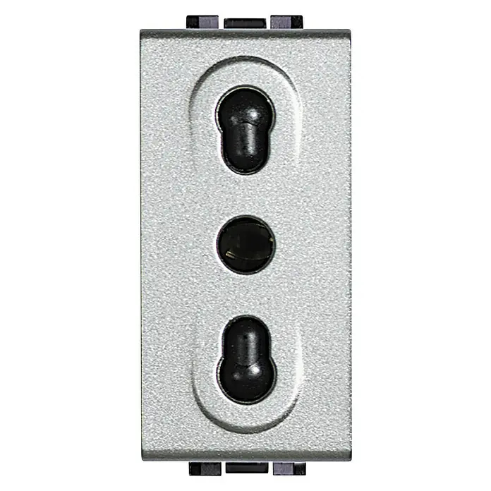 Bticino Living Light Enchufe Italiano - Plateado, 2 Polos + Toma Tierra, Plástico, Montaje en la pared - Vista frontal