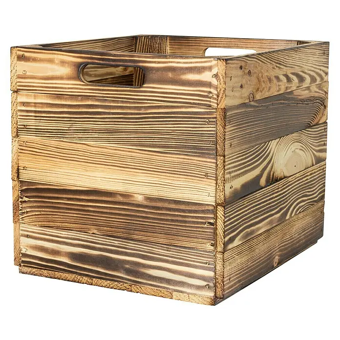 Holzkiste geflammt mit Eingriffen - 32,5 x 33 x 37,5 cm, Natur, 2 Eingriffe - Vorderansicht