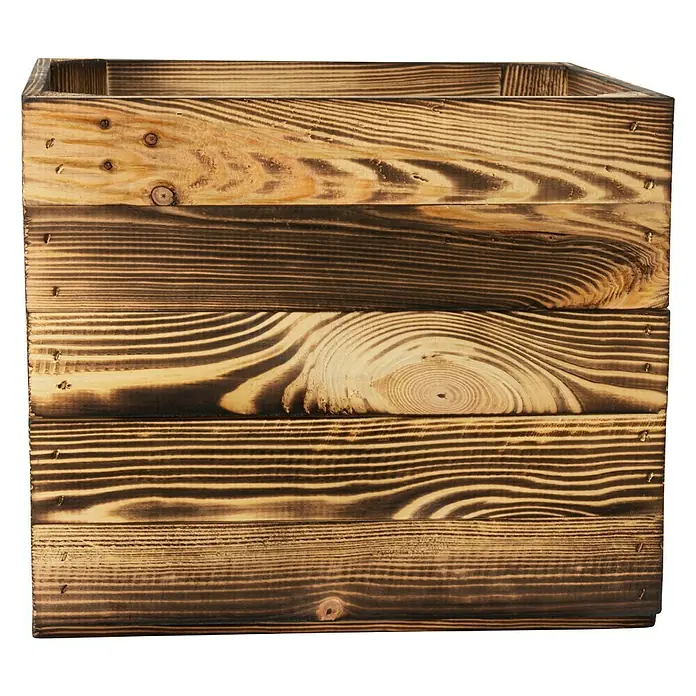 Holzkiste geflammt mit Eingriffen - 32,5 x 33 x 37,5 cm, Natur, 2 Eingriffe - Linke Seitenansicht